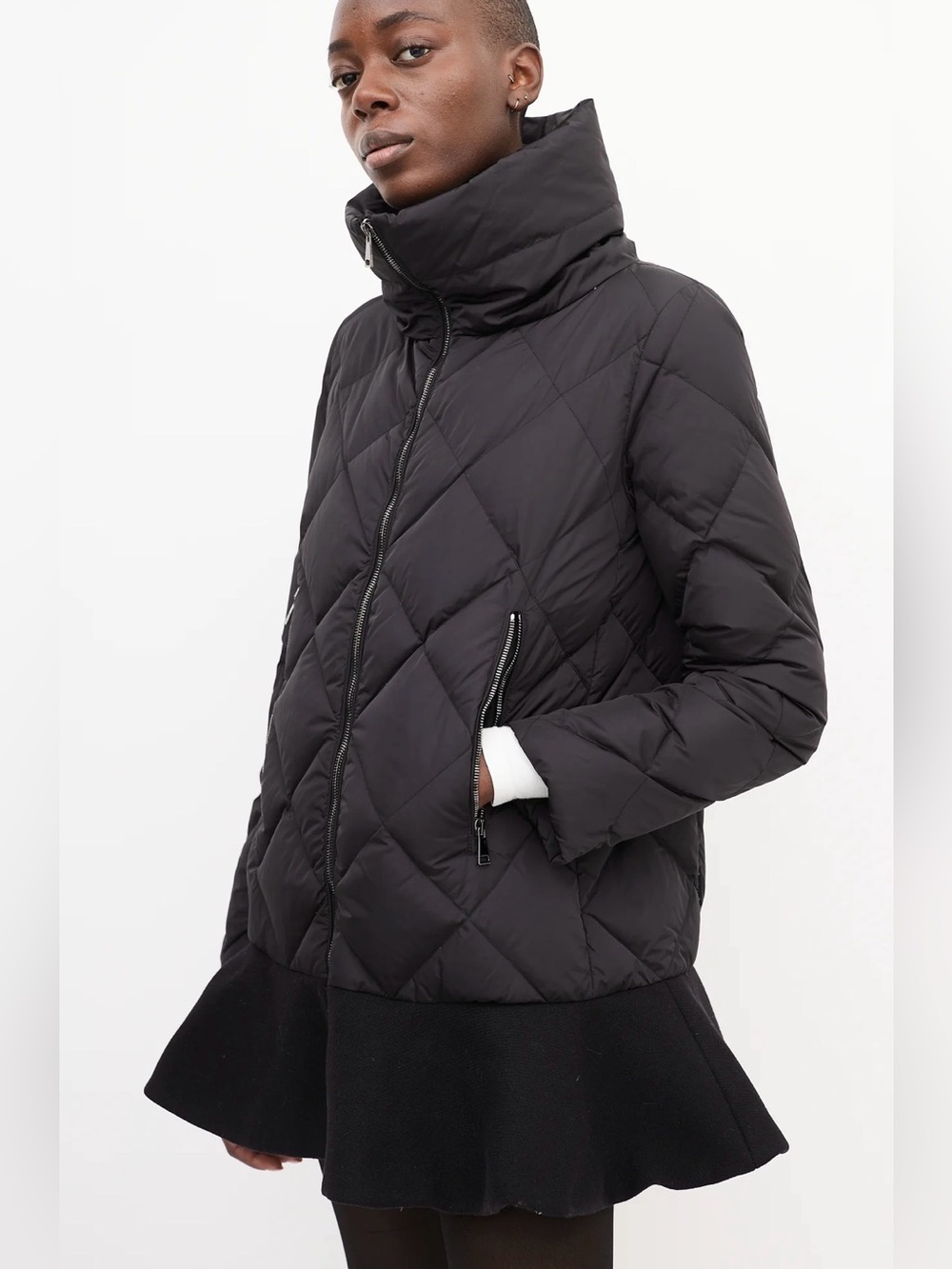 Authentic Moncler Vouglans Down Puffer Jacket Black 2 M Wool Peplum Quiet Luxury